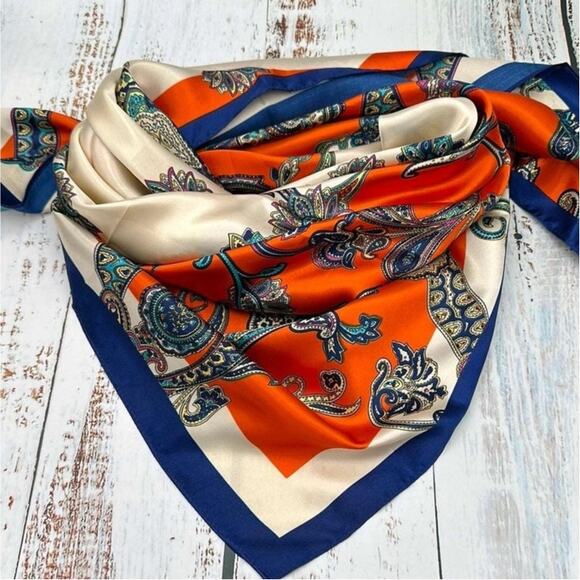 Navy Orange Scrolls Western Southwestern Wild Rag Scarf Accent - Picture 1 of 2
